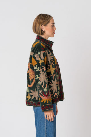 Embroidered Velvet Jacket - Green Multi-Pattern