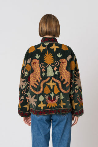 Embroidered Velvet Jacket - Green Multi-Pattern