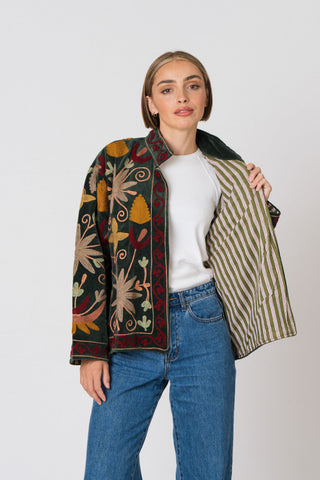 Embroidered Velvet Jacket - Green Multi-Pattern