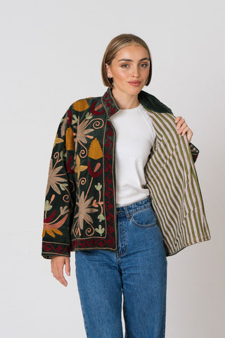 Embroidered Velvet Jacket - Green Multi-Pattern