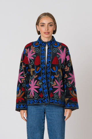 Embroidered Velvet Jacket - Black Multi-Pattern