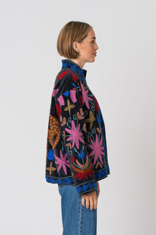 Embroidered Velvet Jacket - Black Multi-Pattern