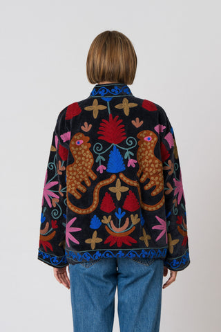 Embroidered Velvet Jacket - Black Multi-Pattern