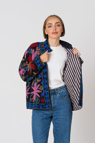 Embroidered Velvet Jacket - Black Multi-Pattern