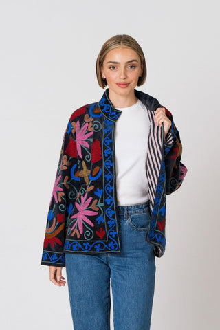 Embroidered Velvet Jacket - Black Multi-Pattern