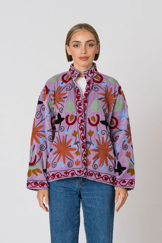 Embroidered Velvet Jacket - Purple Multi-Pattern