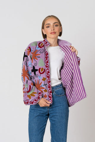 Embroidered Velvet Jacket - Purple Multi-Pattern