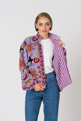 Embroidered Velvet Jacket - Purple Multi-Pattern
