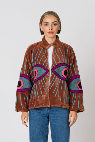 Embroidered Velvet Collared Jacket - Toffee colour eye jacket