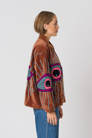 Embroidered Velvet Collared Jacket - Toffee colour eye jacket