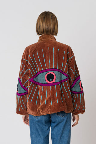 Embroidered Velvet Collared Jacket - Toffee colour eye jacket