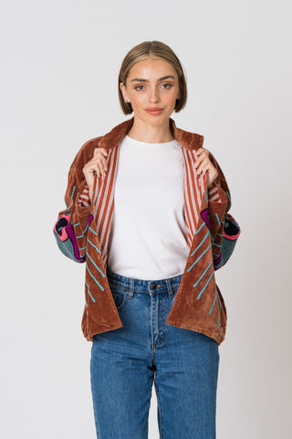 Embroidered Velvet Collared Jacket - Toffee colour eye jacket