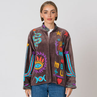 Embroidered Velvet Jacket - brown Snake