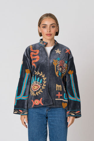 Embroidered Velvet Jacket - Petrol Snake