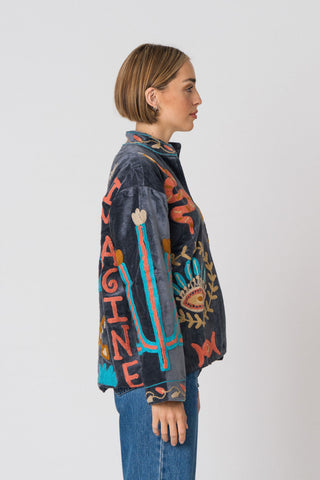 Embroidered Velvet Jacket - Petrol Snake