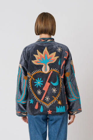 Embroidered Velvet Jacket - Petrol Snake