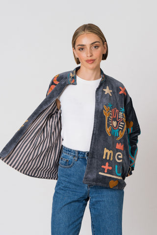 Embroidered Velvet Jacket - Petrol Snake