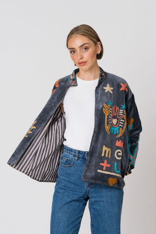 Embroidered Velvet Jacket - Petrol Snake