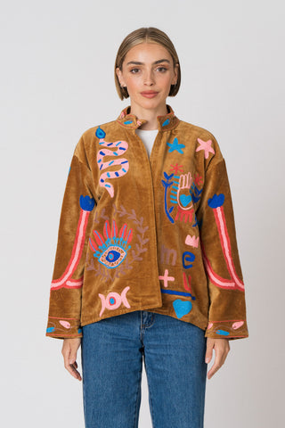 PRE ORDER - Embroidered Velvet Jacket - Camel Snake