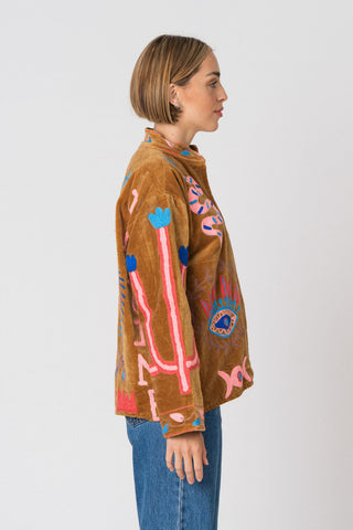 PRE ORDER - Embroidered Velvet Jacket - Camel Snake