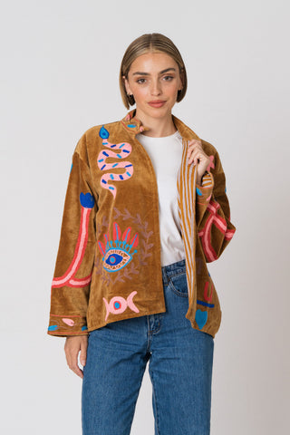 PRE ORDER - Embroidered Velvet Jacket - Camel Snake