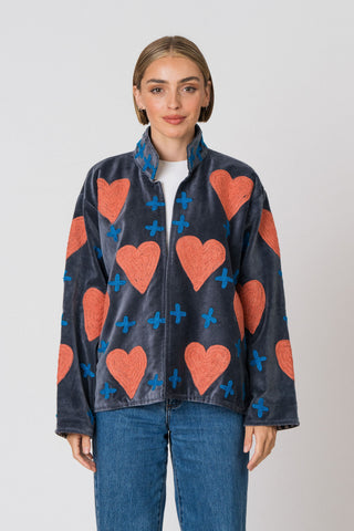 Embroidered Velvet Jacket - Dark Grey Heart & Cross