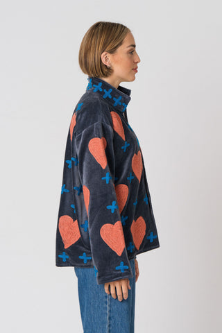 Embroidered Velvet Jacket - Dark Grey Heart & Cross