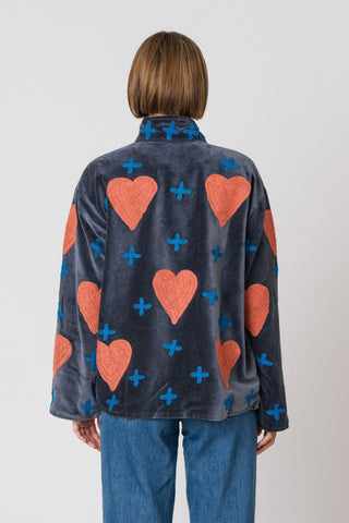 Embroidered Velvet Jacket - Dark Grey Heart & Cross