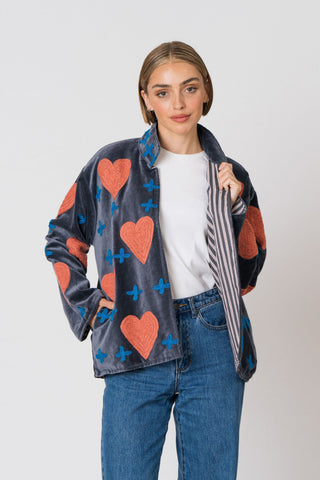 Embroidered Velvet Jacket - Dark Grey Heart & Cross