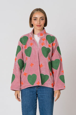 Embroidered Velvet Jacket - Light Pink Heart & Cross