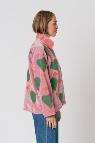 Embroidered Velvet Jacket - Light Pink Heart & Cross