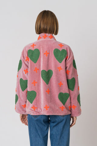 Embroidered Velvet Jacket - Light Pink Heart & Cross