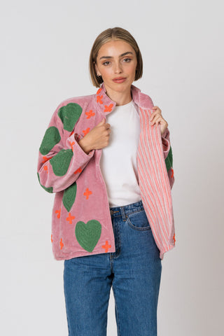 Embroidered Velvet Jacket - Light Pink Heart & Cross