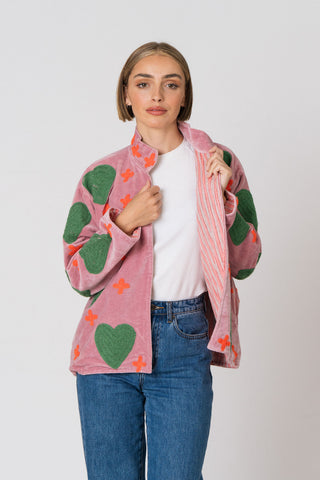 Embroidered Velvet Jacket - Light Pink Heart & Cross