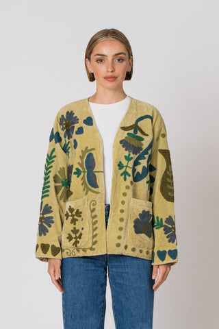 Embroidered Velvet Jacket - Light Green Multi-Pattern