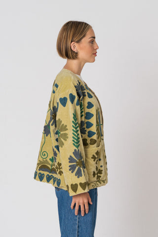 Embroidered Velvet Jacket - Light Green Multi-Pattern
