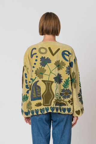 Embroidered Velvet Jacket - Light Green Multi-Pattern