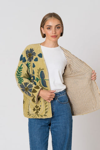 Embroidered Velvet Jacket - Light Green Multi-Pattern