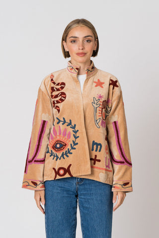 Embroidered Velvet Jacket - Tan Snake