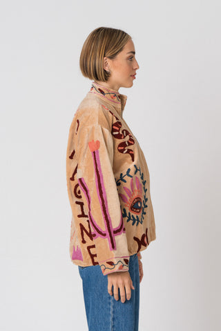 Embroidered Velvet Jacket - Tan Snake