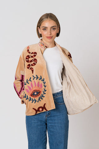 Embroidered Velvet Jacket - Tan Snake