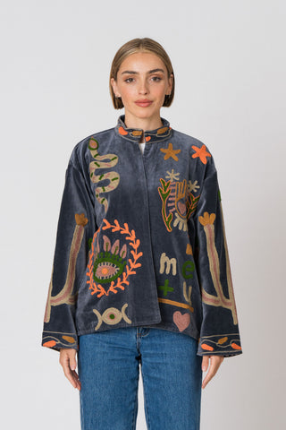 Embroidered Velvet Jacket - Petrol Snake
