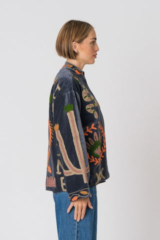 Embroidered Velvet Jacket - Petrol Snake