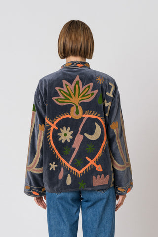Embroidered Velvet Jacket - Petrol Snake