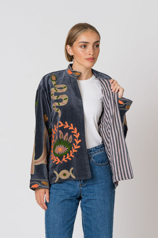 Embroidered Velvet Jacket - Petrol Snake