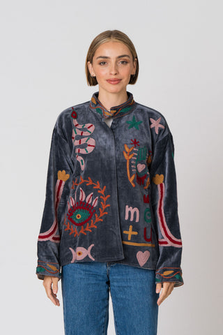 Embroidered Velvet Jacket - Petrol Snake