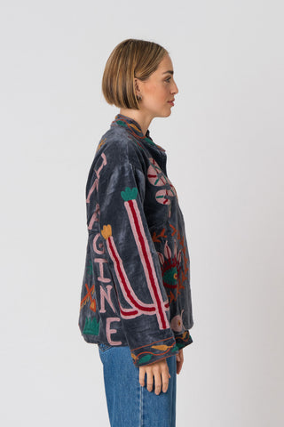 Embroidered Velvet Jacket - Petrol Snake