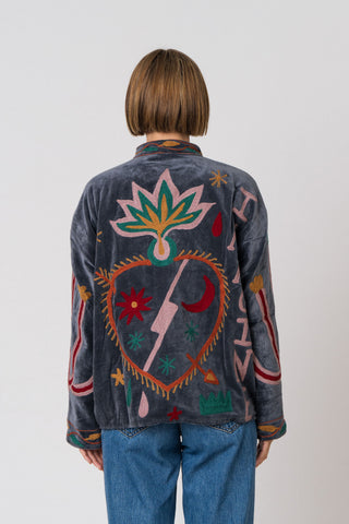 Embroidered Velvet Jacket - Petrol Snake