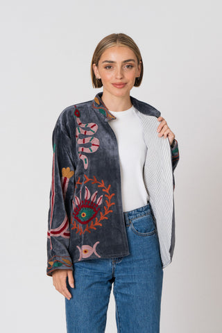 Embroidered Velvet Jacket - Petrol Snake