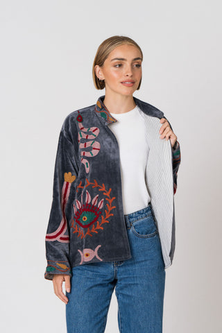 Embroidered Velvet Jacket - Petrol Snake